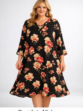 Pastels by Vivienne Vintage Black w/Pink Floral Print Swing Dress Accents 3X